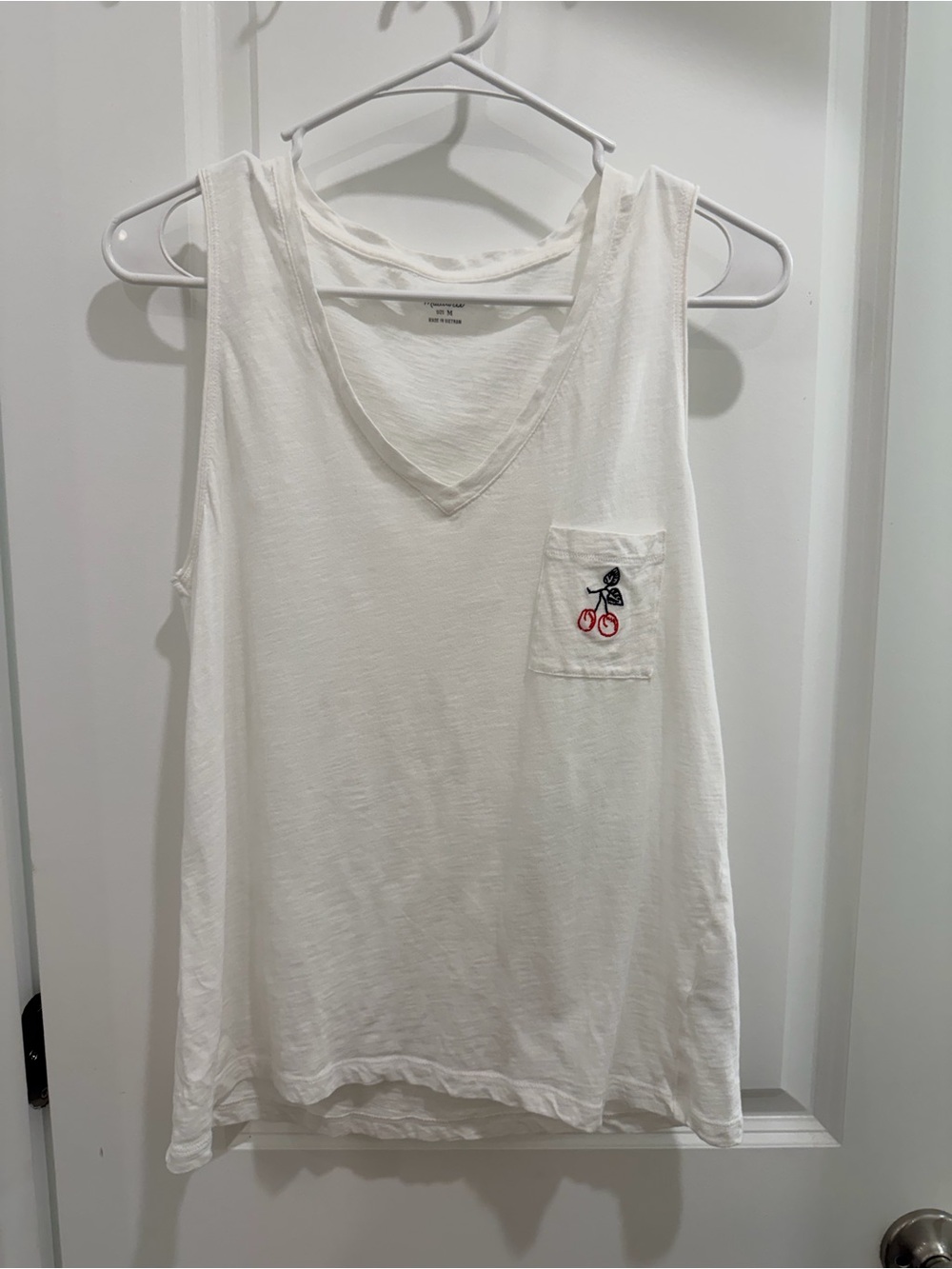 Madewell White V-Neck Pocket Tank with Cherry Embroidery